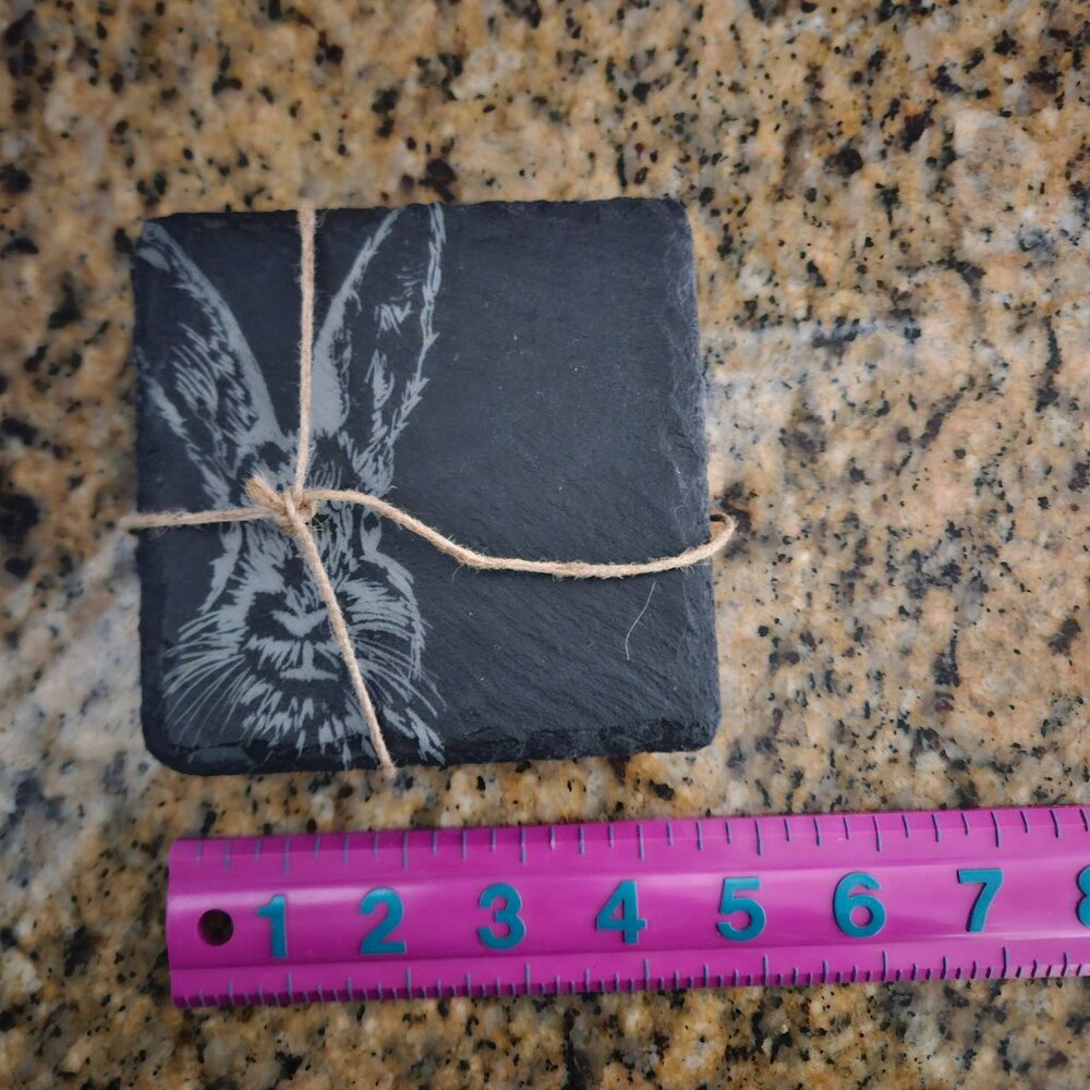 Etched slate coaster set with bunnies
